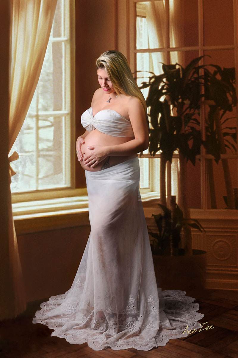 Sesión de fotos de embarazada con vestido blanco